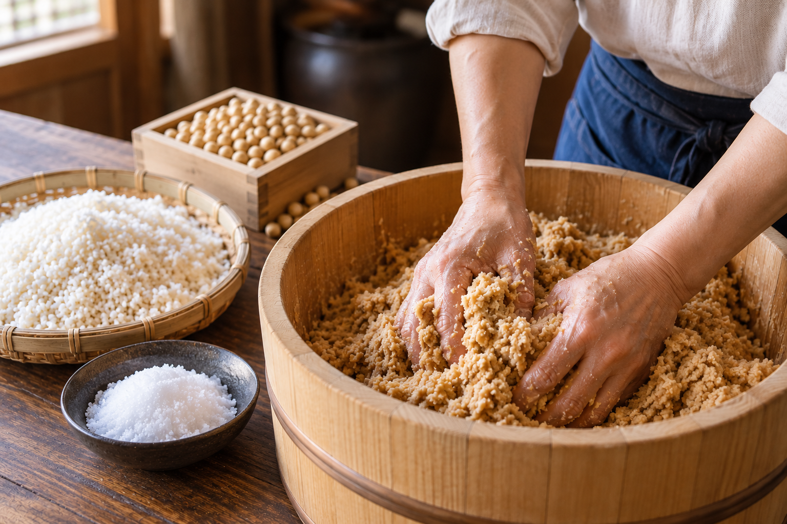 米こうじと大豆を合わせ、味噌を仕込む手仕事