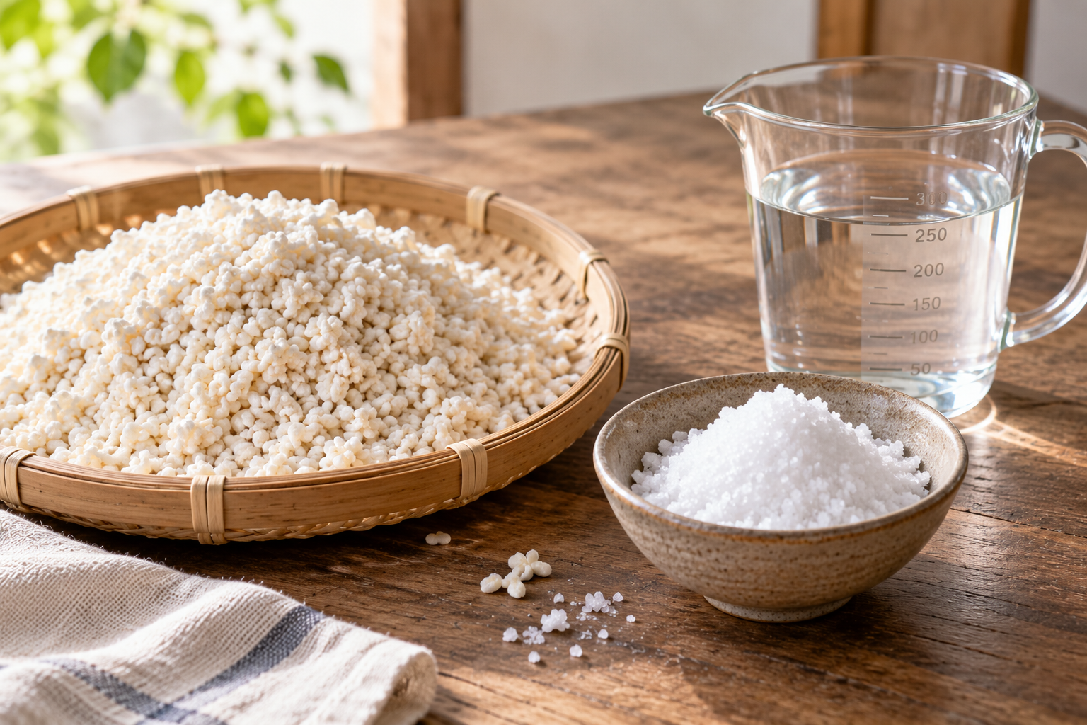 塩こうじを作るための米こうじ、塩、水