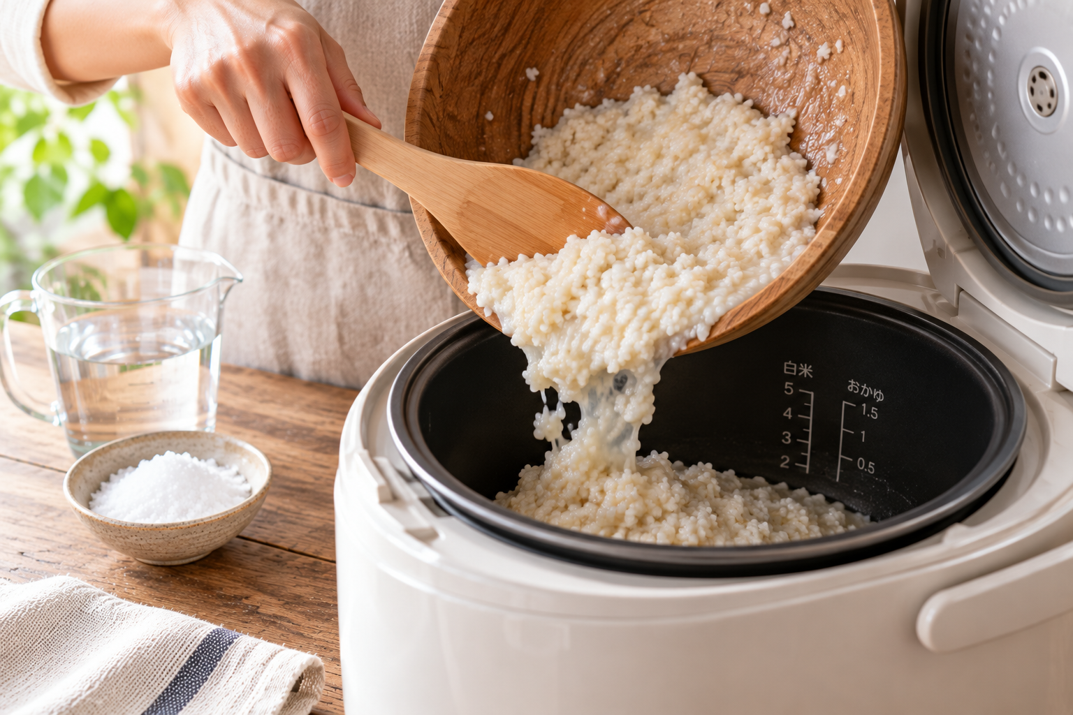 米こうじ、塩、水を混ぜたものを炊飯器の内釜へ入れる
