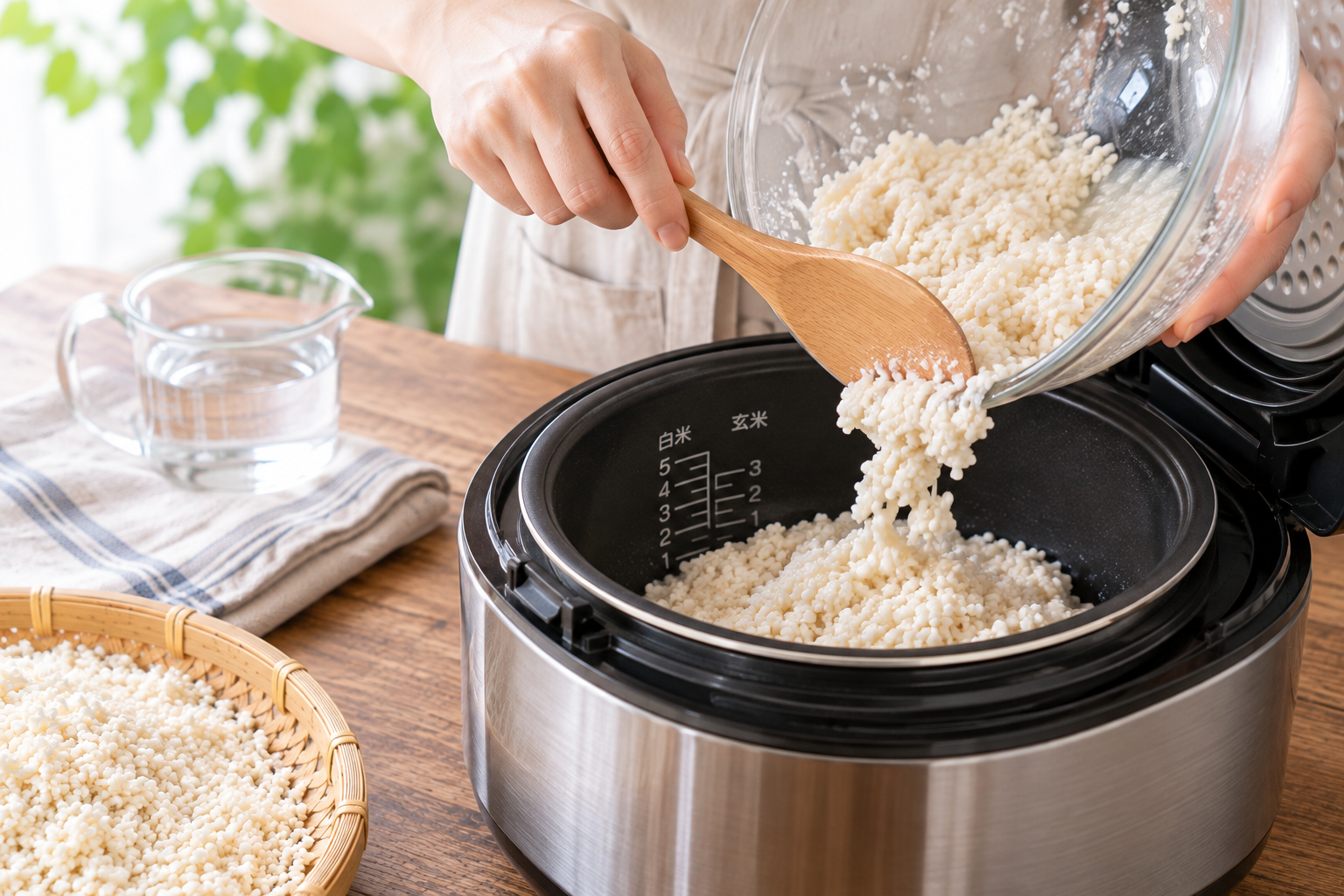 米こうじと水を混ぜたものを炊飯器へ入れる