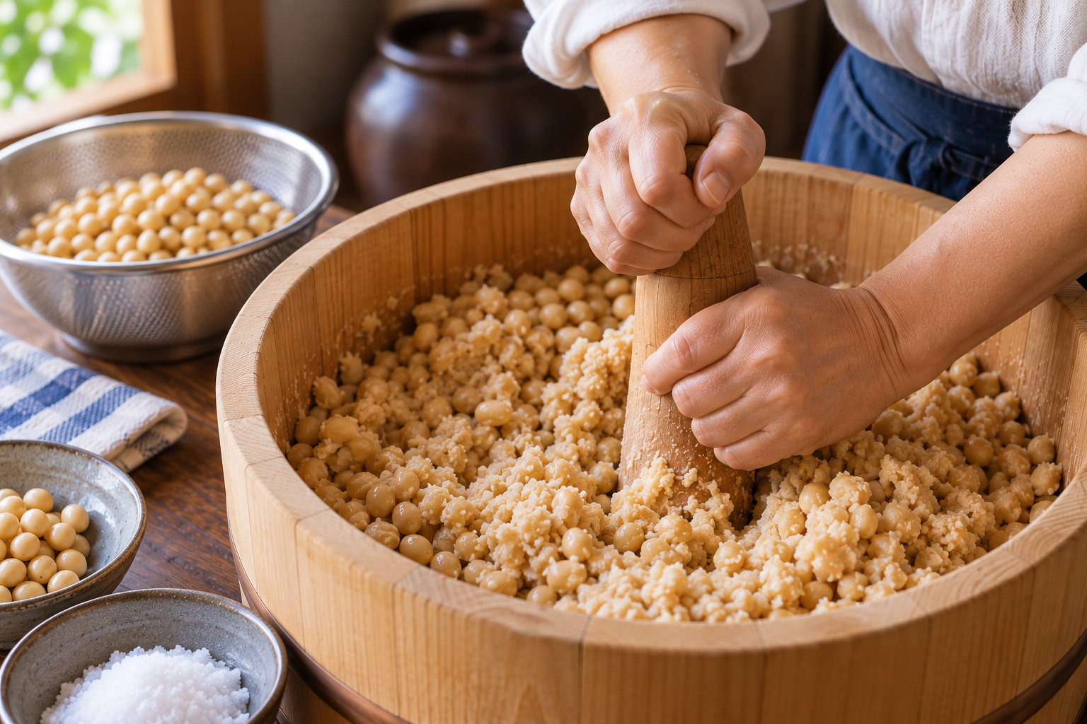 やわらかく煮た大豆をつぶす味噌づくりの工程