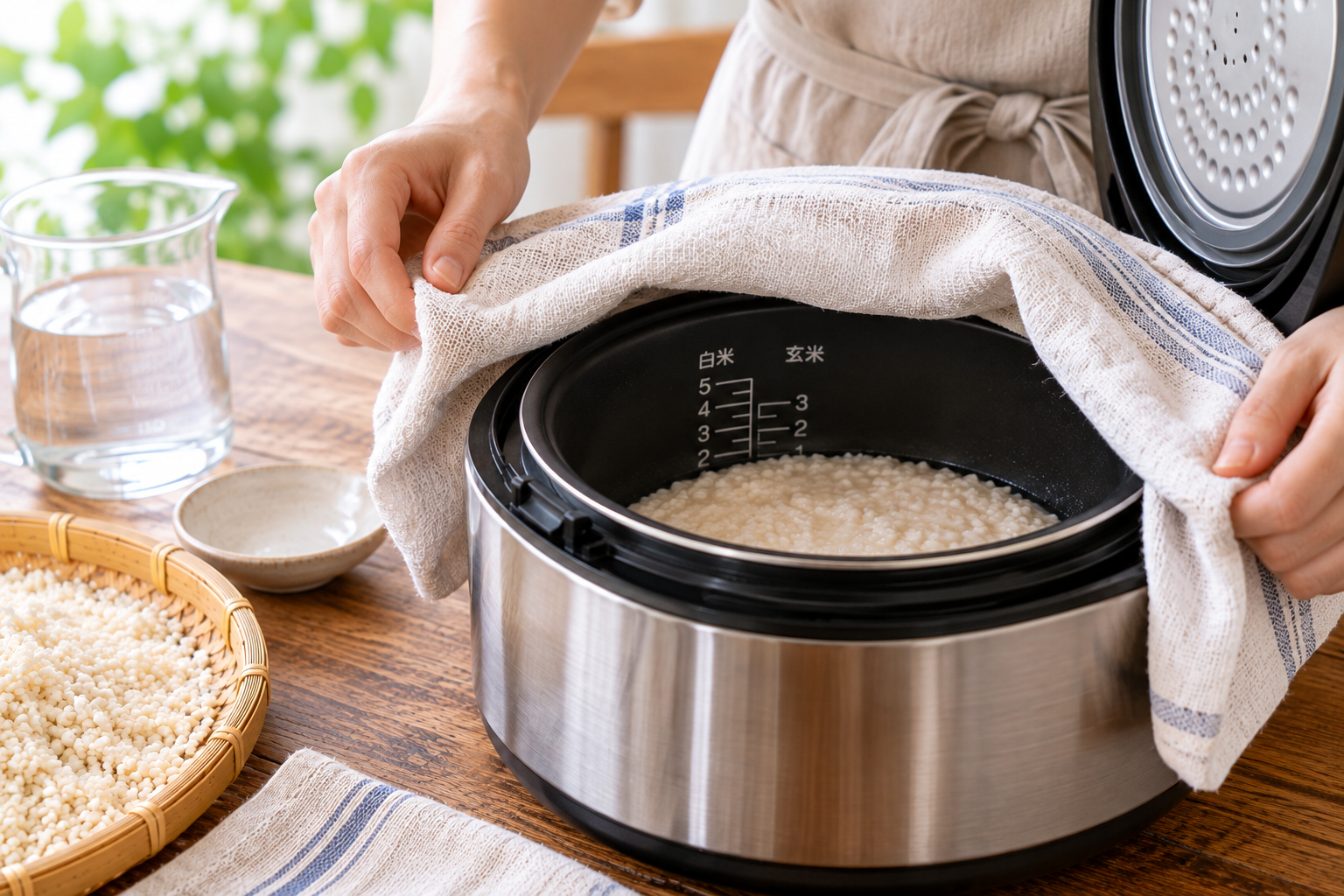 炊飯器へ濡れ布巾をかけ、ふたを閉め切らずに保温する