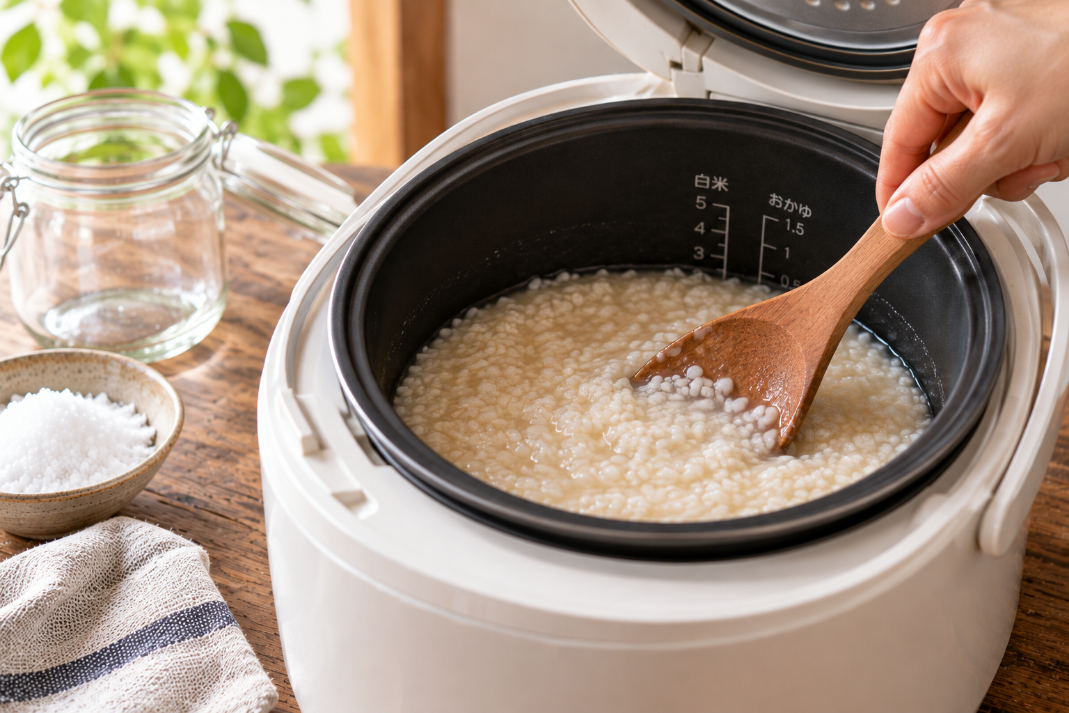 炊飯器で保温中の塩こうじを木べらで混ぜる