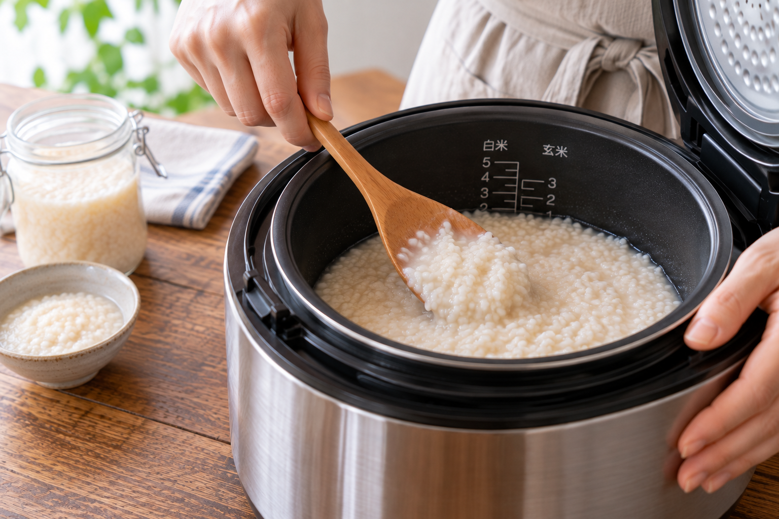 炊飯器で保温中の甘こうじを木べらで混ぜる