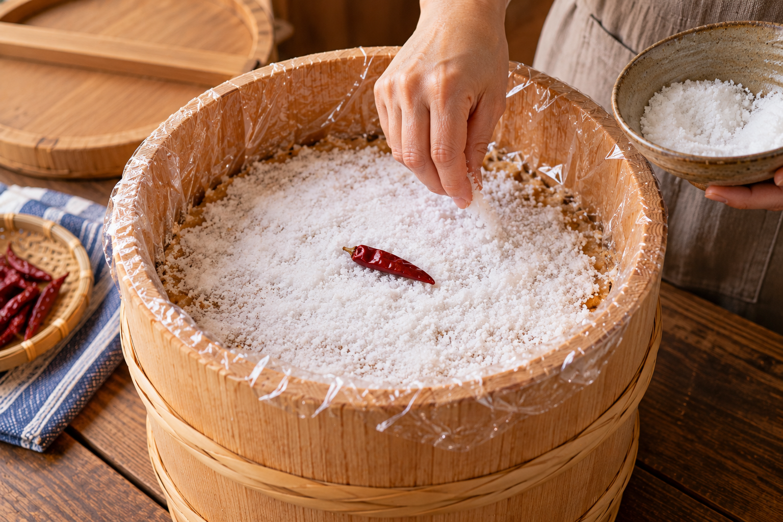 味噌の表面をラップで覆い、塩を薄く広げて赤唐辛子を置く塩蓋