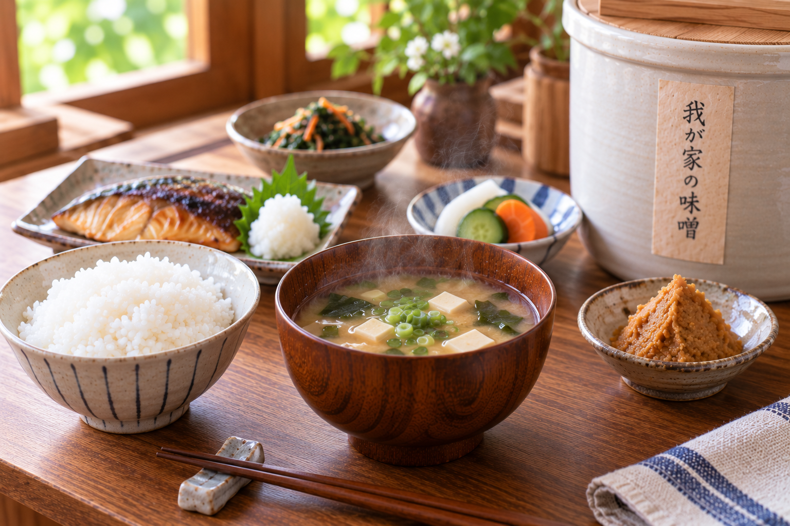 自家製味噌を使った味噌汁とご飯が並ぶ日々の食卓