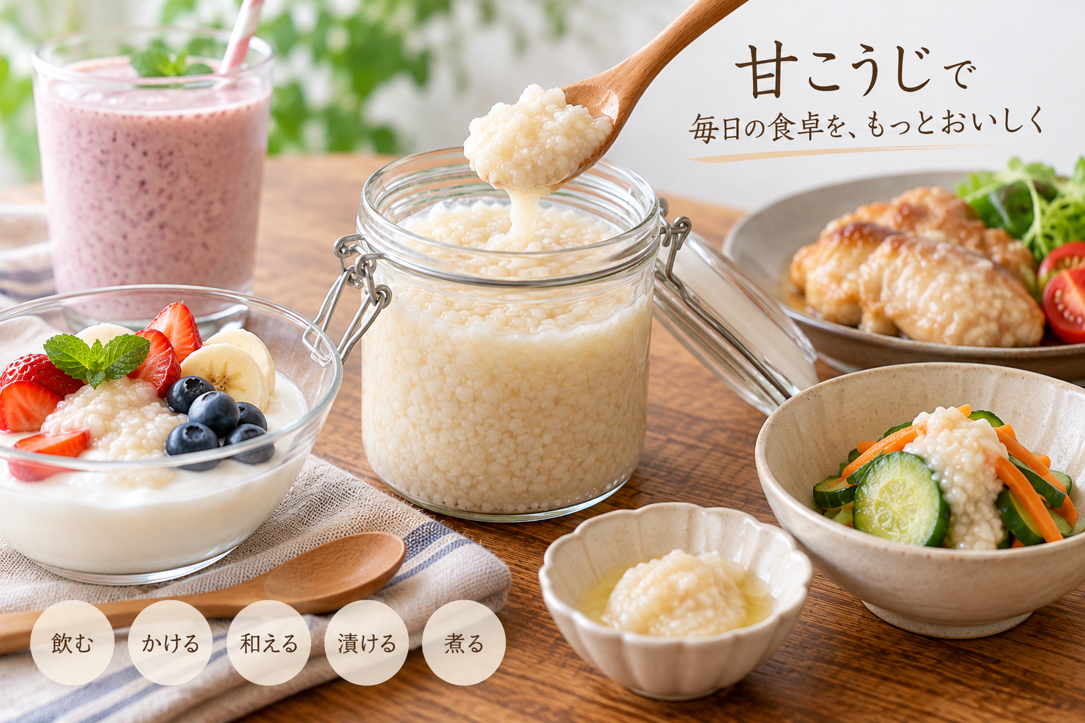 甘こうじをヨーグルト、料理、野菜などに使うイメージ