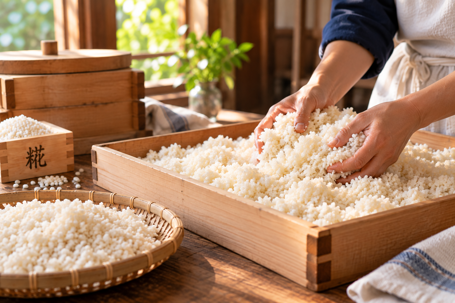 米こうじを手でほぐしながら育てる工程