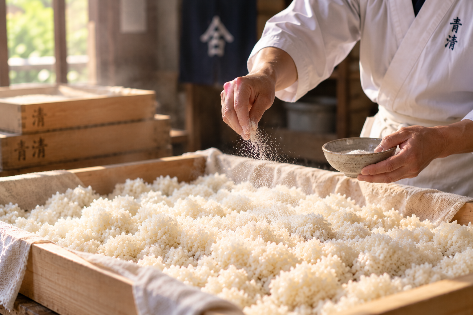 蒸米へ種こうじを振る工程